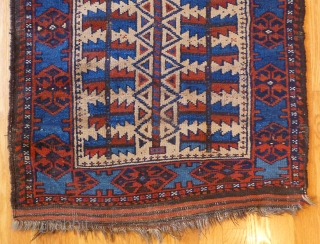 Antique Baluch Rug. 42 x 28 inches. Very good condition. Very nice popping electric blue dye. Great visual appeal. See this rug and lots of others just added at www.banjaratextiles.com   