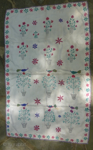 Special extra large antique Kantha quilt in great condition. 75 x 51 inches.  Full of joyful whimsy with various peacocks sitting in the tops of potted flowers and/or  trees. White  ...