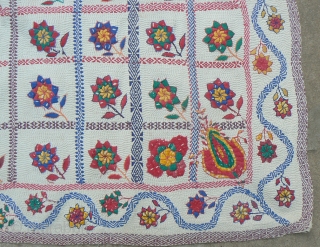 Antique Indian Kantha Embroidery Quilt. Just in. From the West Bengal region of India. 73 x 50 inches. This is a wonderful, large, and lively quilt, heavily embroidered, in great condition. Bengali  ...