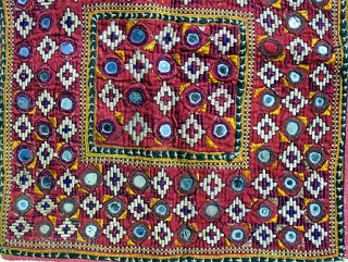 Old Banjara or Thar desert Indian textile square, perhaps used as a pillow cover or a square coverlet. Approximately 22 x 22 inches. The outer border is old applique work of white  ...