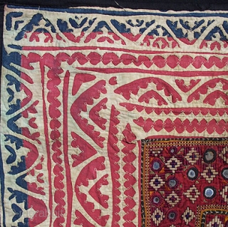 Old Banjara or Thar desert Indian textile square, perhaps used as a pillow cover or a square coverlet. Approximately 22 x 22 inches. The outer border is old applique work of white  ...