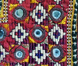 Old Banjara or Thar desert Indian textile square, perhaps used as a pillow cover or a square coverlet. Approximately 22 x 22 inches. The outer border is old applique work of white  ...