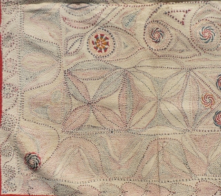 Beautiful Antique Kantha embroidery. 28x23 inches. Just in. Fine village embroidery from the West Bengal region of India.  Embroidered with cotton thread in read and two shades of blue, and running  ...