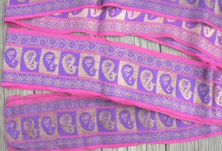 Beautiful old handloomed silk brocade sari borders from Gujarat, India. These are beautiful old sari borders woven in brocade technique with gold metallic thread, each one is approximately 5 inches wide and  ...