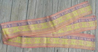 Beautiful old handloomed silk brocade sari borders from Gujarat, India. These are beautiful old sari borders woven in brocade technique with gold metallic thread, each one is approximately 5 inches wide and  ...