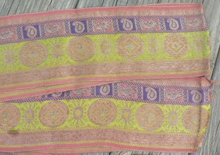 Beautiful old handloomed silk brocade sari borders from Gujarat, India. These are beautiful old sari borders woven in brocade technique with gold metallic thread, each one is approximately 5 inches wide and  ...