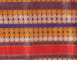 Old Indian Rajasthani Bridegroom’s Turban Length. Handloomed turban from Thar Desert region. 170 inches (14.5ft) x 21 inches. The textile has a red cotton foundation with colorful warp-face brocading to create the  ...