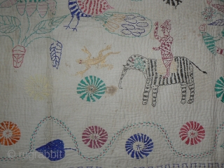 Antique Indian Kantha Embroidery Quilt. From the West Bengal region of India. 65 x 45 inches. This kantha has it all – horse and rider, butterfly, salamander, ox, peacock,flowers. Playful kinetic design.  ...