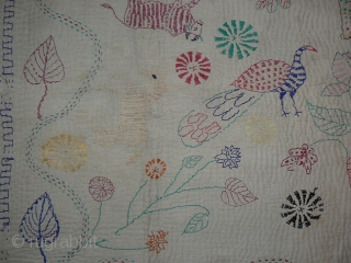 Antique Indian Kantha Embroidery Quilt. From the West Bengal region of India. 65 x 45 inches. This kantha has it all – horse and rider, butterfly, salamander, ox, peacock,flowers. Playful kinetic design.  ...