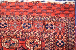 Turkmenistan about 1890 Tekke main carpet 324 x 225 cm, areas of low pile, condition good.                 