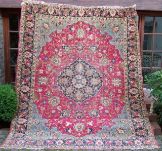 late 19th century Tabriz carpet 360 x 280 cm, low pile, condition good.                    