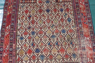 Beautifuu ivory Ground Dagestan Proyer Rug With all natur colors, good age and beautiful design, dated and Signed, As found Without and repair or work done.
Size: 179x126cm      