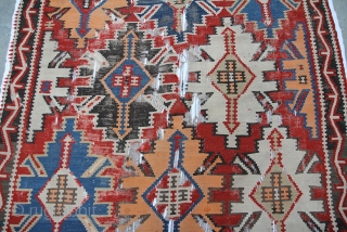 Kuba Kelim Fragment about 1900, size 2,92 x 1,70 m, wool on wool, fair, slits,  backed on fabric              