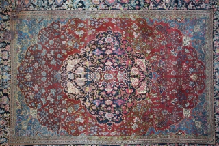 Isfahan Persia about 1880,, size. 4,10 x 3,02 m, wool on Cotton, very fine knitted, condition good, excellent colours, even low pile, 5 holes 0,03-0,20 m, unprofessional repair     