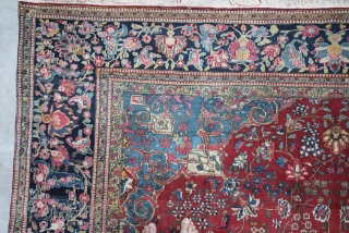 Isfahan Persia about 1880,, size. 4,10 x 3,02 m, wool on Cotton, very fine knitted, condition good, excellent colours, even low pile, 5 holes 0,03-0,20 m, unprofessional repair     