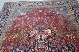 Isfahan Persia about 1880,, size. 4,10 x 3,02 m, wool on Cotton, very fine knitted, condition good, excellent colours, even low pile, 5 holes 0,03-0,20 m, unprofessional repair     