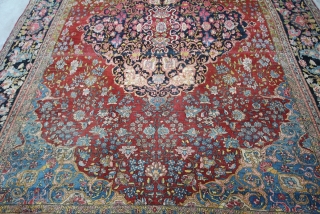 Isfahan Persia about 1880,, size. 4,10 x 3,02 m, wool on Cotton, very fine knitted, condition good, excellent colours, even low pile, 5 holes 0,03-0,20 m, unprofessional repair     