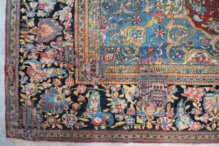 Isfahan Persia about 1880,, size. 4,10 x 3,02 m, wool on Cotton, very fine knitted, condition good, excellent colours, even low pile, 5 holes 0,03-0,20 m, unprofessional repair     