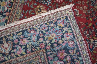 Isfahan Persia about 1880,, size. 4,10 x 3,02 m, wool on Cotton, very fine knitted, condition good, excellent colours, even low pile, 5 holes 0,03-0,20 m, unprofessional repair     