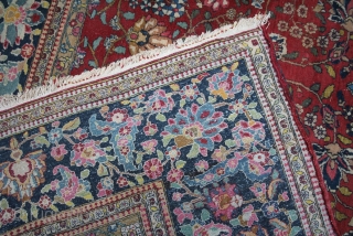 Isfahan Persia about 1880,, size. 4,10 x 3,02 m, wool on Cotton, very fine knitted, condition good, excellent colours, even low pile, 5 holes 0,03-0,20 m, unprofessional repair     