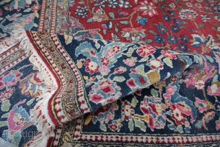 Isfahan Persia about 1880,, size. 4,10 x 3,02 m, wool on Cotton, very fine knitted, condition good, excellent colours, even low pile, 5 holes 0,03-0,20 m, unprofessional repair     