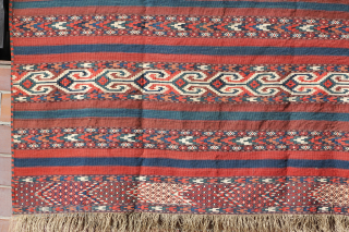Yomud-Gaeklen Kelim Gurgan region around 1900 a small repair,and a small dfect a shirazi otherwise in perfect conditon. Size: 252x162cm
Price:1750€ Shipping included