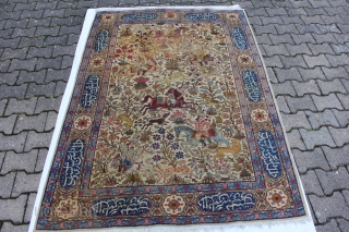 TEBRIS Persian,around 1920 good condition, cork wool on cotton small spots on the upper left,old repairs,
Size: 195x137cm                