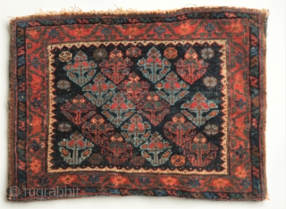 small Veramin bag with flowers, Northwest Persia with wonderful natural colours,green and light blue. Good condition, the kilim backside doesn't form one part with the front, but i am almost certain it  ...