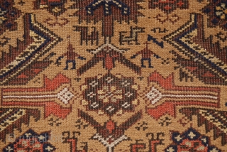 Unusual small camel ground rug, probaly Kurdish, with human figures and lots of animals, natural exceptional colours with a rare light green, good condition, sides secured, handwashed
73 x 130cm    