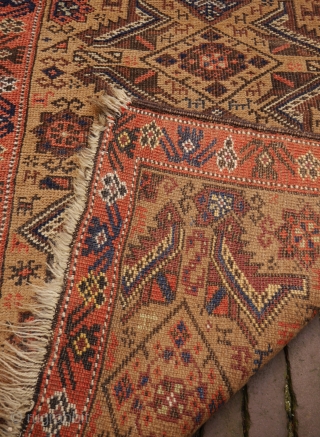 Unusual small camel ground rug, probaly Kurdish, with human figures and lots of animals, natural exceptional colours with a rare light green, good condition, sides secured, handwashed
73 x 130cm    