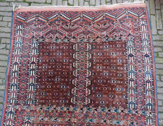 Yomut ensi, very nice quality, finely knotted, beautiful wool and full pile, natural colours. Good condition for such an old carpet, but has a few holes (the largest in the photo, the  ...