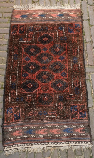 Rare small Baluch double niche rug in excellent condition, complete with kilim ends. is has a silky glow. 
These rugs are often described as funeral rugs. This is an exceptional small one,  ...