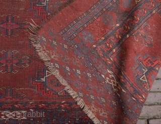 Rare Kizilayak Turkmen chuval, delicate and very fine weave, 19th century, some unusual features like the gül and the yurt like construction on the top border. very intense deep red colour, like  ...