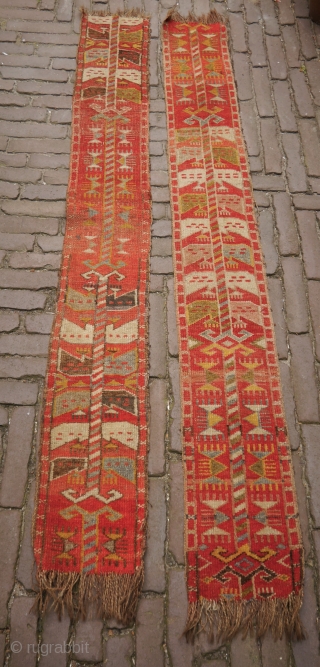 Khirgiz pile tent band fragments, colourful with fascinating graphics, wool. 
160 x 20,5 cm. 
€125 for the pair, €75 each             