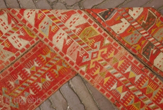 Khirgiz pile tent band fragments, colourful with fascinating graphics, wool. 
160 x 20,5 cm. 
€125 for the pair, €75 each             