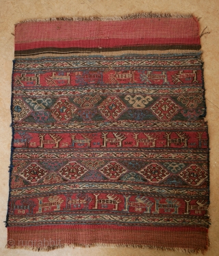 Shahsevan? Caucasian? Small weaving, maybe a kind of mafrash or a saddle cover. With birds and a lot of colours, as an old feeling, traces of wear. 
90 x 76 cm.  