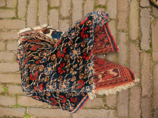 Afshar poshti? small rug, floral design,  75 x 75 cm. not quite square and some moths, signs of use, and the orange has softened, although the colours look good to me.  ...
