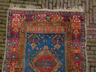 Yahyali small rug, Anatolia, beautiful colors, with royal blue, what's not to like? Good condition, some corrosion, a strong rug. 111 x 140 cm. please use contactform on www.beamol.nl    