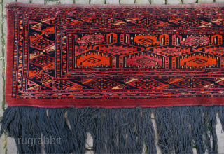 Exceptional rare Salor or Saryk torba - trapping with curled leaf motif. It is fine in weave and includes a high proportion of ruby silk that creates a particularly splendid appearance. The  ...