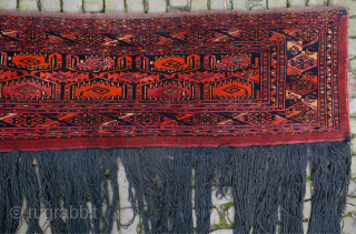 Exceptional rare Salor or Saryk torba - trapping with curled leaf motif. It is fine in weave and includes a high proportion of ruby silk that creates a particularly splendid appearance. The  ...