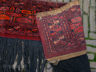 Exceptional rare Salor or Saryk torba - trapping with curled leaf motif. It is fine in weave and includes a high proportion of ruby silk that creates a particularly splendid appearance. The  ...