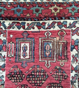 The King of Kurdish funk!!! This is such a cool, funky and graphic rug. A real village weaving. Varies from full chunky pile to a bit lower, with some moth damage on  ...