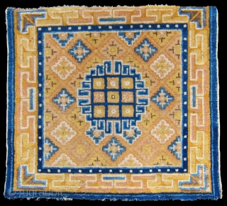 Very unusual Chinese square, circa 1800 or earlier. Full pile with really good wool and color. Missing top guard border, but easy repair if desired.        