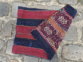 A clothing storage bag woven with the sumac technique, dating back to approximately 1880.  A completely natural dyes technique and a sweet artistic look.  From the Kurdish nomadic life in  ...