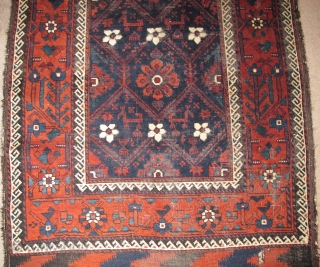 Minakhani Baluch Rug, Depressed warp Khorossan type. Very finely drawn with vivid color and finer than most of this genre. The skirts of this piece are executed in pile rather than kilim.  ...