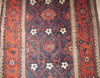 Minakhani Baluch Rug, Depressed warp Khorossan type. Very finely drawn with vivid color and finer than most of this genre. The skirts of this piece are executed in pile rather than kilim.  ...