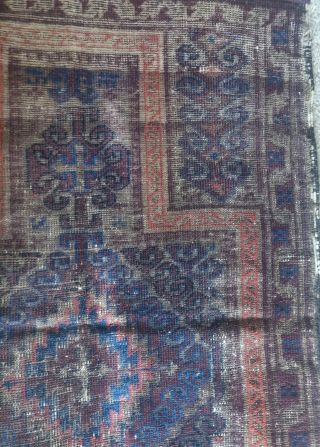 Good rug bad picture, Baluch Mushwani type prayer rug, all natural colors, (can't quite get them right in photos) lots of aubergine, blue, and slates, with corrosive brown giving a compelling sculptural  ...