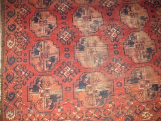 Central Asian Main Carpet with large guls. Some features resemble Turkmen weavings from the Middle Amu Darya region but the construction of this piece, including one strand per pass wefting, is unlike  ...