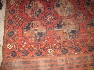 Central Asian Main Carpet with large guls. Some features resemble Turkmen weavings from the Middle Amu Darya region but the construction of this piece, including one strand per pass wefting, is unlike  ...