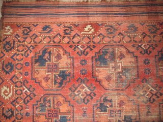 Central Asian Main Carpet with large guls. Some features resemble Turkmen weavings from the Middle Amu Darya region but the construction of this piece, including one strand per pass wefting, is unlike  ...